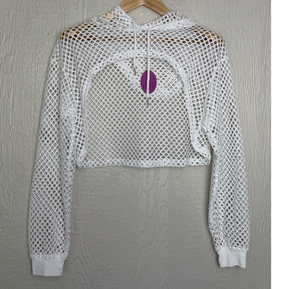 Avidlove Womens White Fishnet Cropped Hoodie Long Sleeve Festival Rave L NWT's